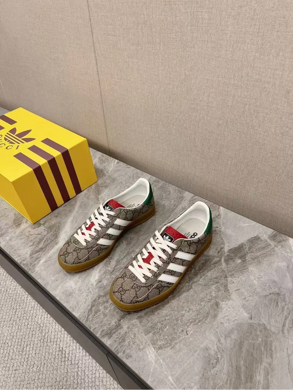 Gucci x Adidas-Inspired Logo Monogram Sneakers in Brown/White/Green